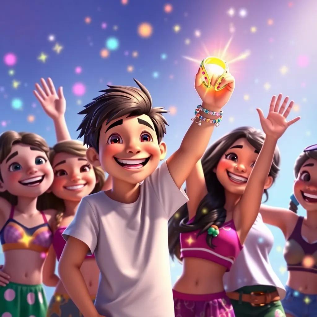 Sam, Mia, and their friends, all smiling and waving the bracelet in the air, surrounded by colorful sparkles, showing their unity and joy, bright atmosphere, happy expressions, vivid colors, high quality