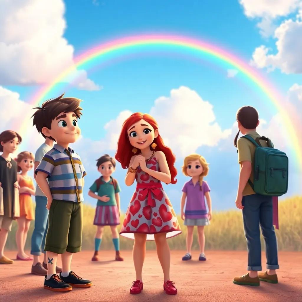 Sam and Mia, wearing the bracelet, standing in a circle with their friends, a beautiful rainbow appearing in the sky, signifying their strong bond, enchanting scene, bright color scheme, inviting and magical feel, high quality