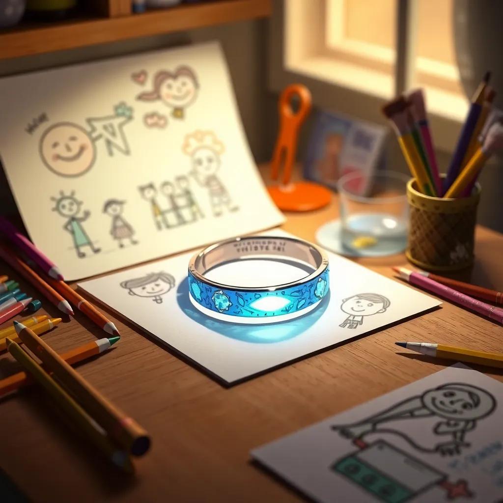 The bracelet resting on a table, glowing softly, surrounded by drawings and art supplies made by the friends, symbolizing their creativity and teamwork, warm light, artistic setting, high quality