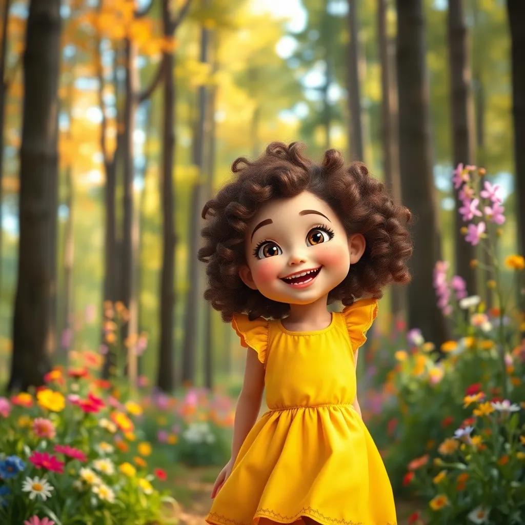 A cheerful girl named Mia with curly brown hair wearing a bright yellow dress, playing in a vibrant forest full of tall trees and colorful flowers, digital art, bright colors, joyous atmosphere, high quality