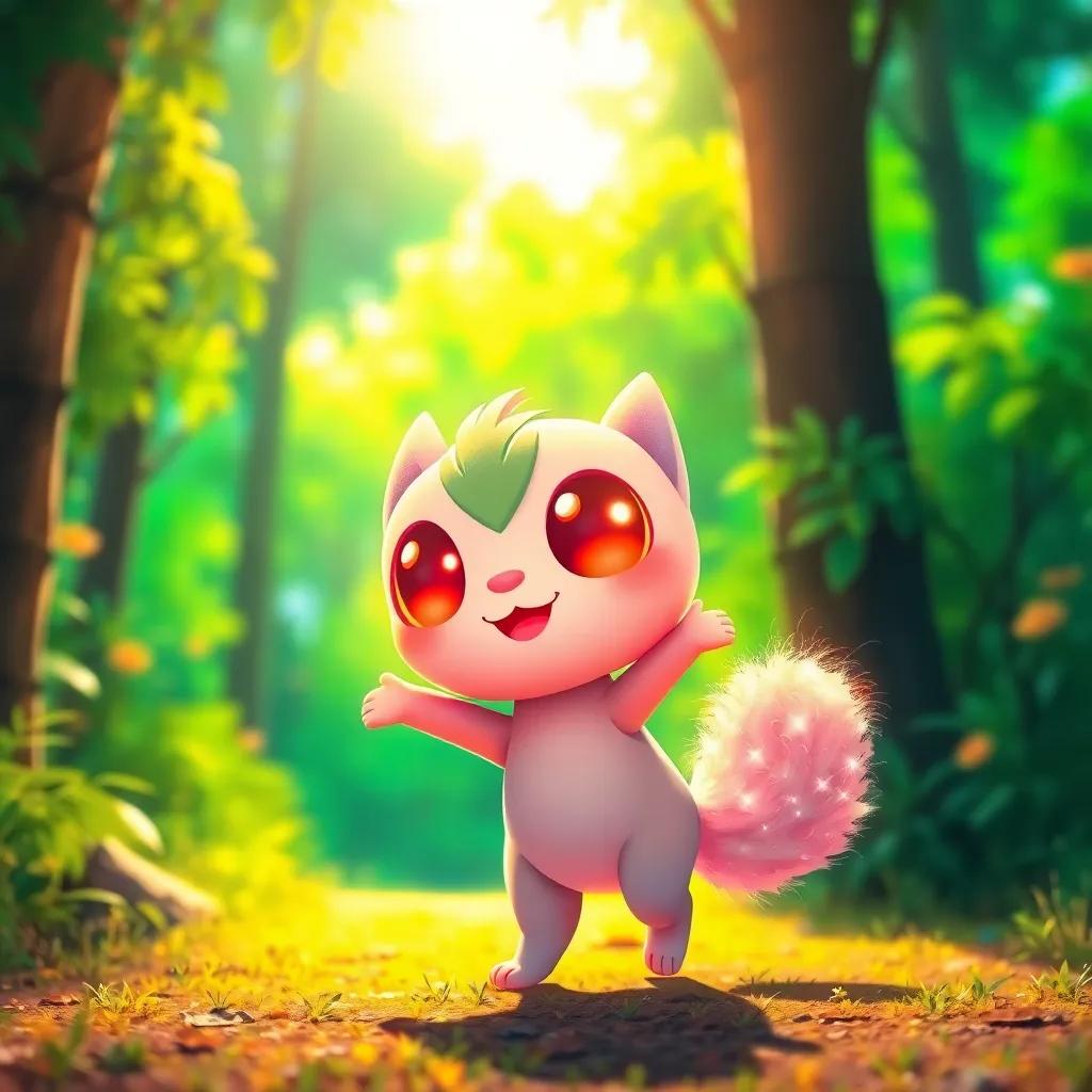 A happy little creature, Inciter, with big, glowing eyes and a fluffy sparkling tail, dancing under the sun in a bright green forest, vibrant colors, cheerful atmosphere, child-friendly