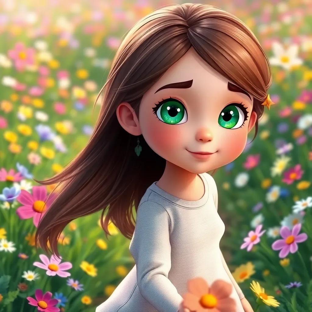 A young girl, Lila, with sparkling emerald eyes and long, flowing brown hair, walking through colorful meadows filled with blooming flowers, digital art, vibrant colors, cheerful, high quality