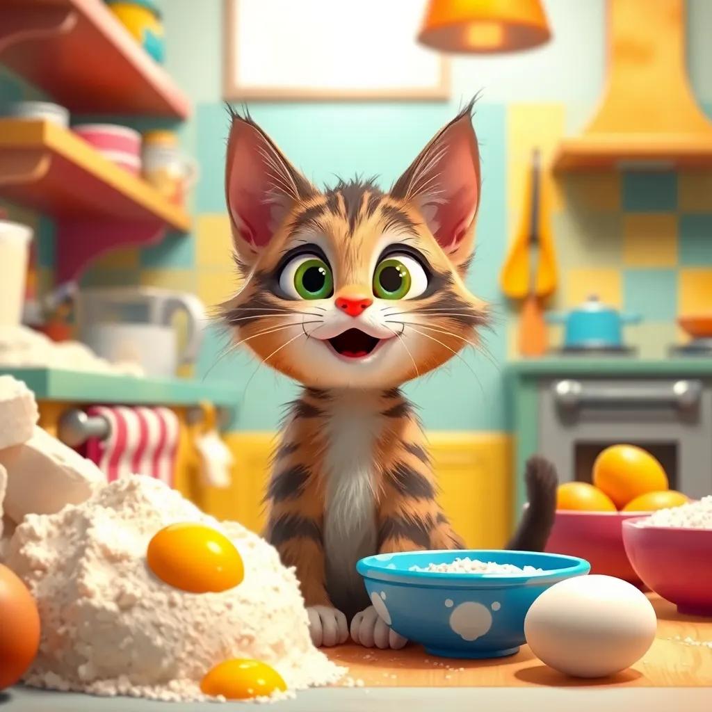 A curious cat named Whiskers in a colorful kitchen, surrounded by flour, sugar, and eggs, looking excited, whimsical style, bright colors, cheerful atmosphere, vibrant quality
