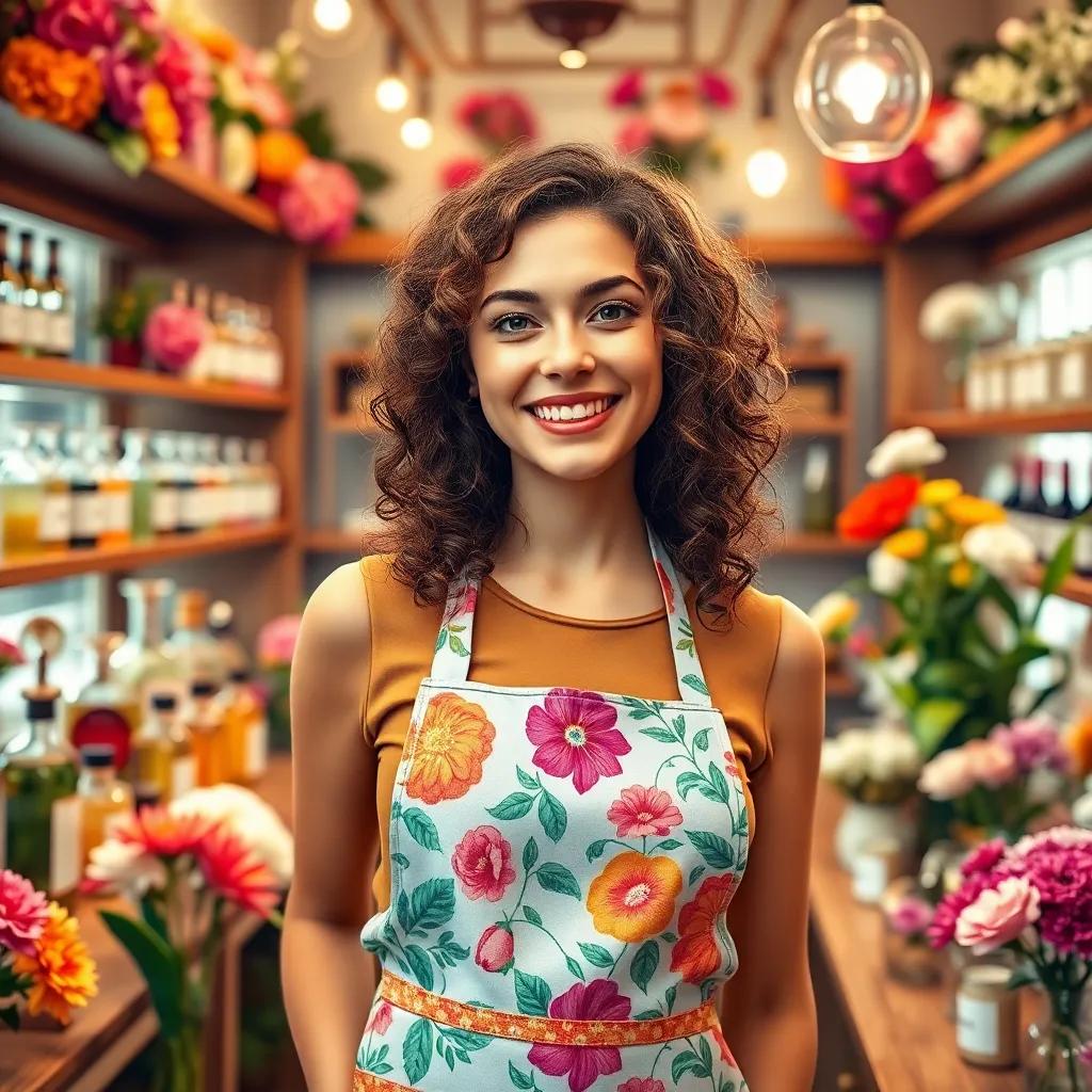 A happy young woman, Lily, with curly brown hair wearing a colorful apron, standing in her bright perfume shop filled with flowers and bottles, smiling as she creates a new scent, digital art, cheerful, warm colors, inviting atmosphere, high quality