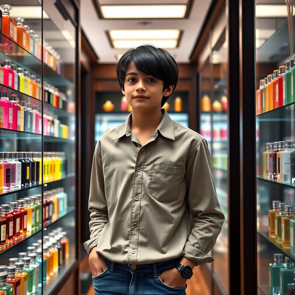 A young handsome boy, Leo, with straight black hair in a simple shirt and jeans, entering the perfume shop looking curious, colorful perfume bottles around him, bright lighting, friendly vibe, engaging perspective, high quality