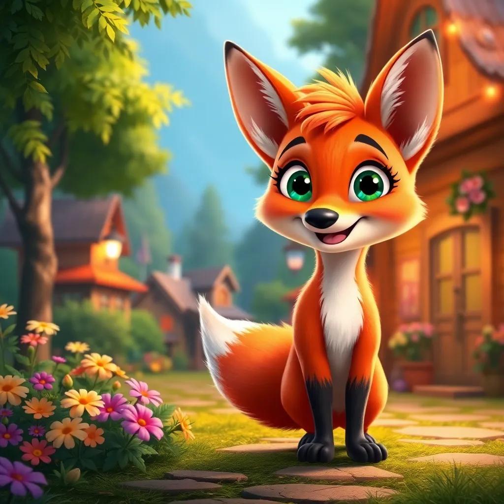 A clever little fox named Lucy with bright eyes and a playful smile, standing in a cozy village with green trees and colorful flowers, digital art, warm colors, cheerful atmosphere, high quality