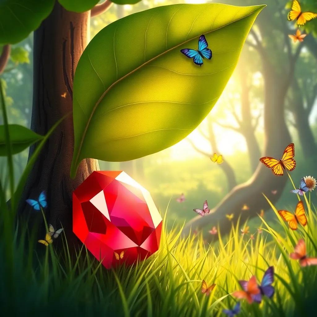 A shiny red gem hidden under a big green leaf in a sunny forest, surrounded by tall grasses and colorful butterflies, illustration, vibrant, magical, high quality