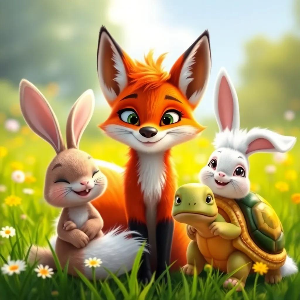 Lucy the fox with a mischievous smile, surrounded by Benny the bunny with fluffy white fur and Tara the turtle with a colorful shell in a sunny meadow, cheerful expression, playful energy, digital art, bright colors