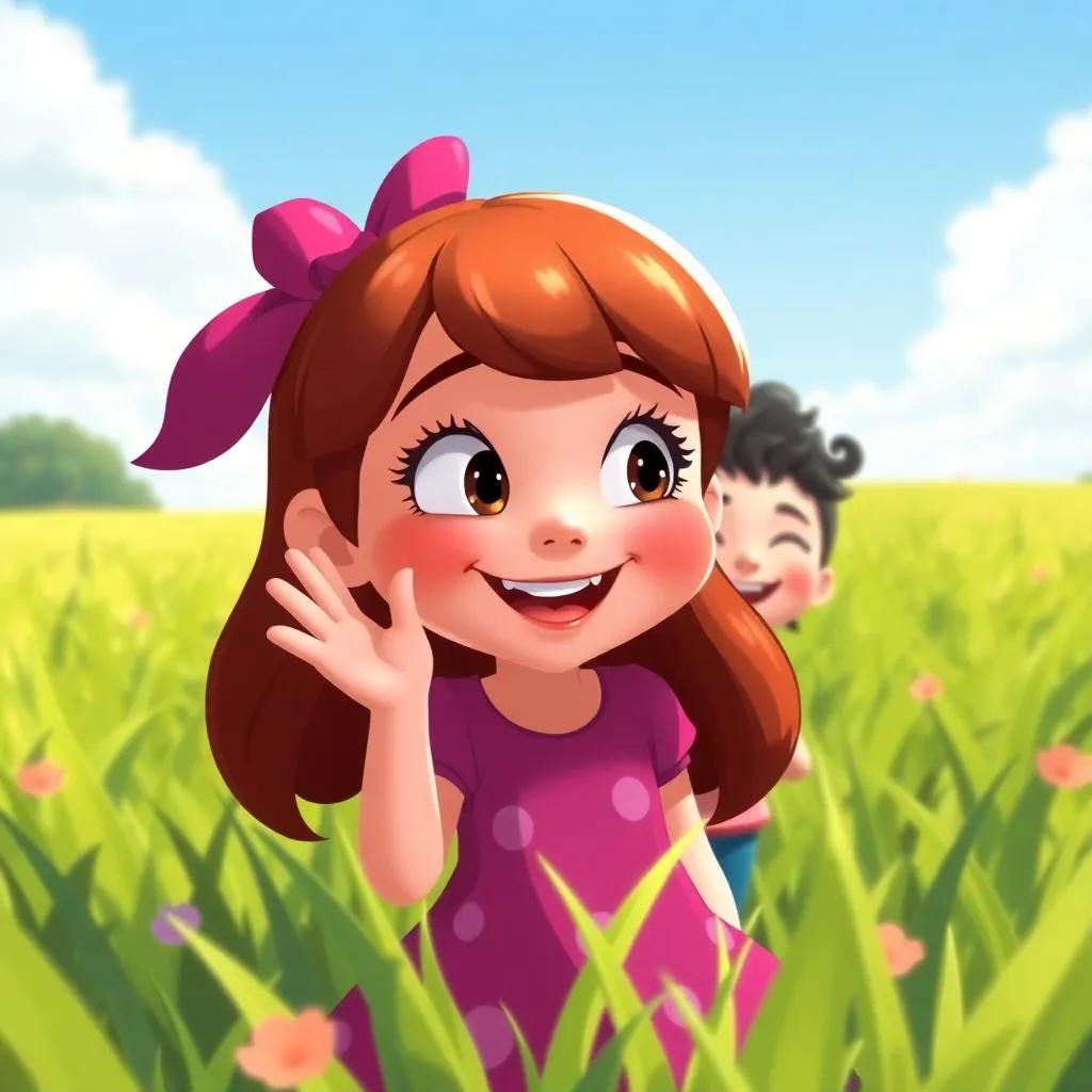 Lucy winking at her friends while playing hide-and-seek, with a game of shadows and laughter in a green field, charming, light-hearted, high quality