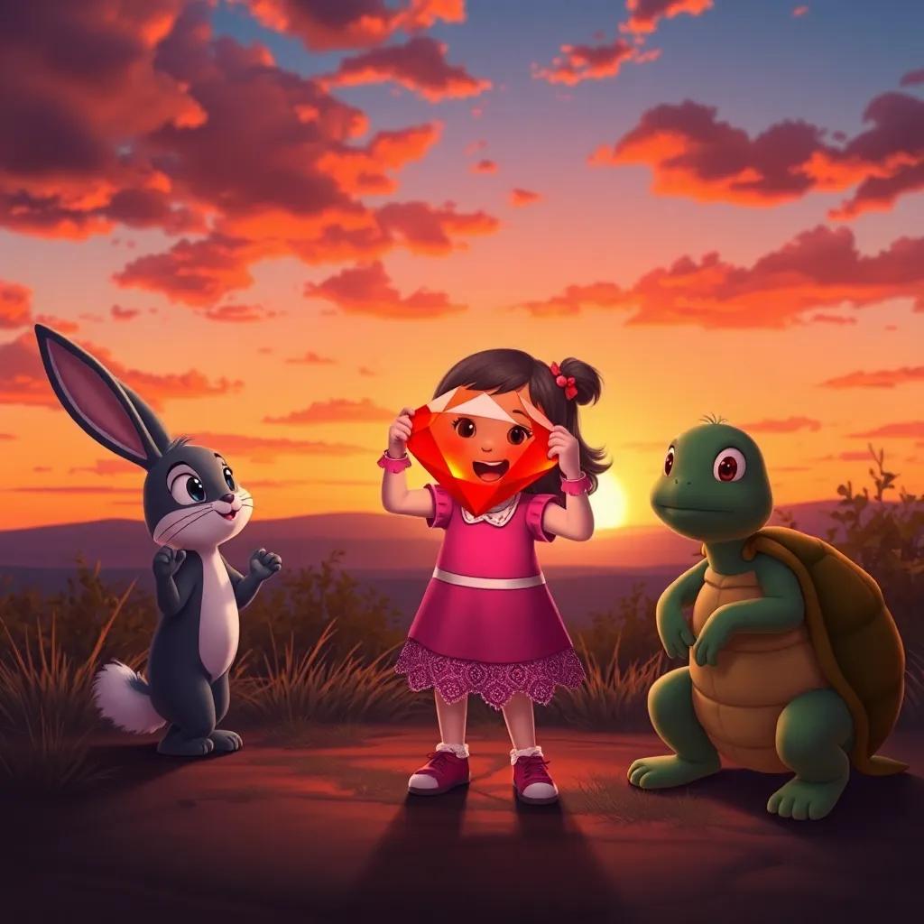 A sunset scene with Lucy unveiling the shiny red gem to her amazed friends Benny the bunny and Tara the turtle, vibrant sunset colors, warm light, joyful atmosphere, digital illustration
