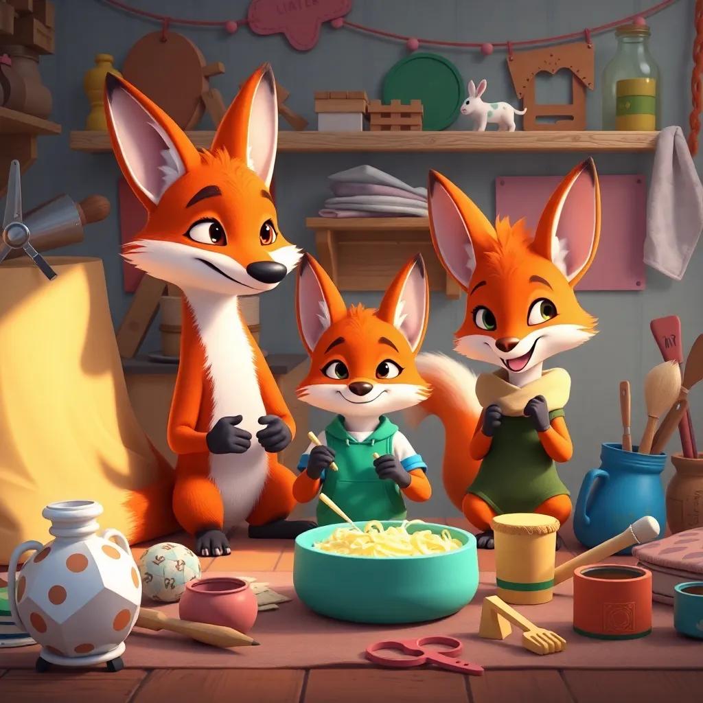 Lucy the clever fox, crafting clues with her friends Benny and Tara, surrounded by crafting materials in a cozy setting, creative, cheerful, bright colors, high quality