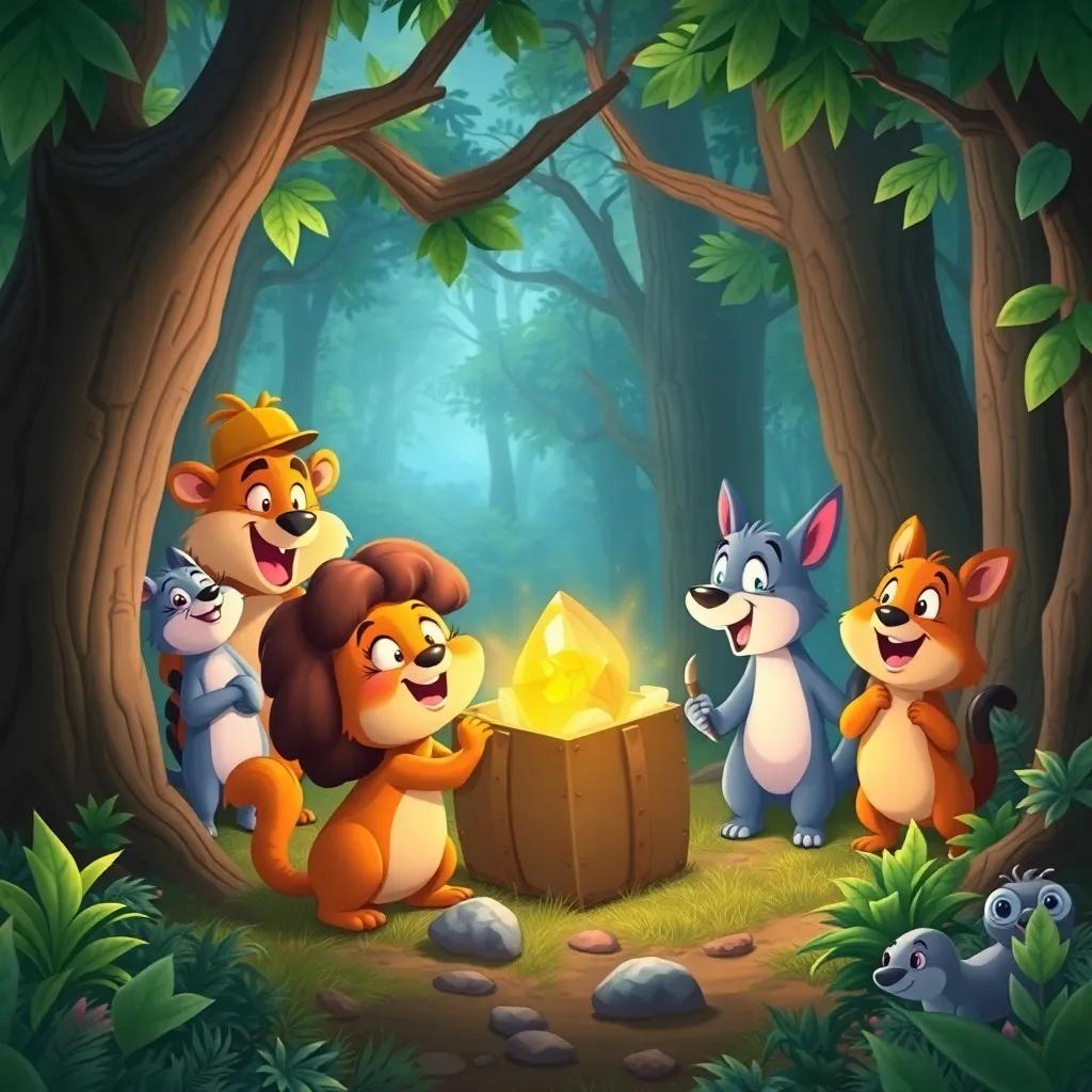 All the animal friends excitedly joining a treasure hunt in a forest, searching for the hidden gem, filled with laughter and teamwork, colorful, adventurous, high quality