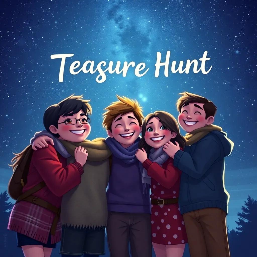The friends celebrating the end of the treasure hunt, smiling and hugging under a starry night sky, filled with joy and connections, heartwarming, magical atmosphere, high quality