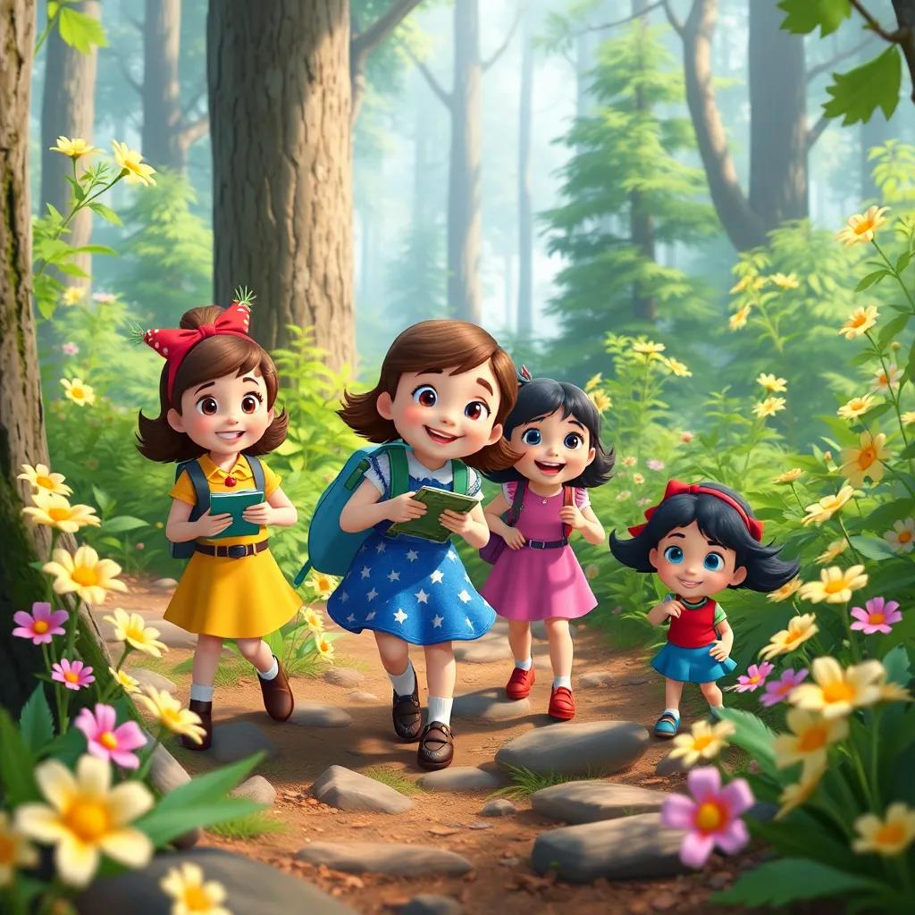 Lucy guiding her friends with clues through the forest, joyfully exploring nature, with bright flowers and trees around them, playful, adventurous, high quality