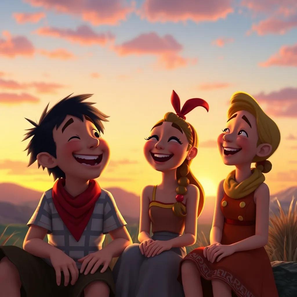 Benny, Tara, and Lucy laughing together, reminiscing about their magical adventure and secrets at sunset, warm colors, joyful expressions, high quality