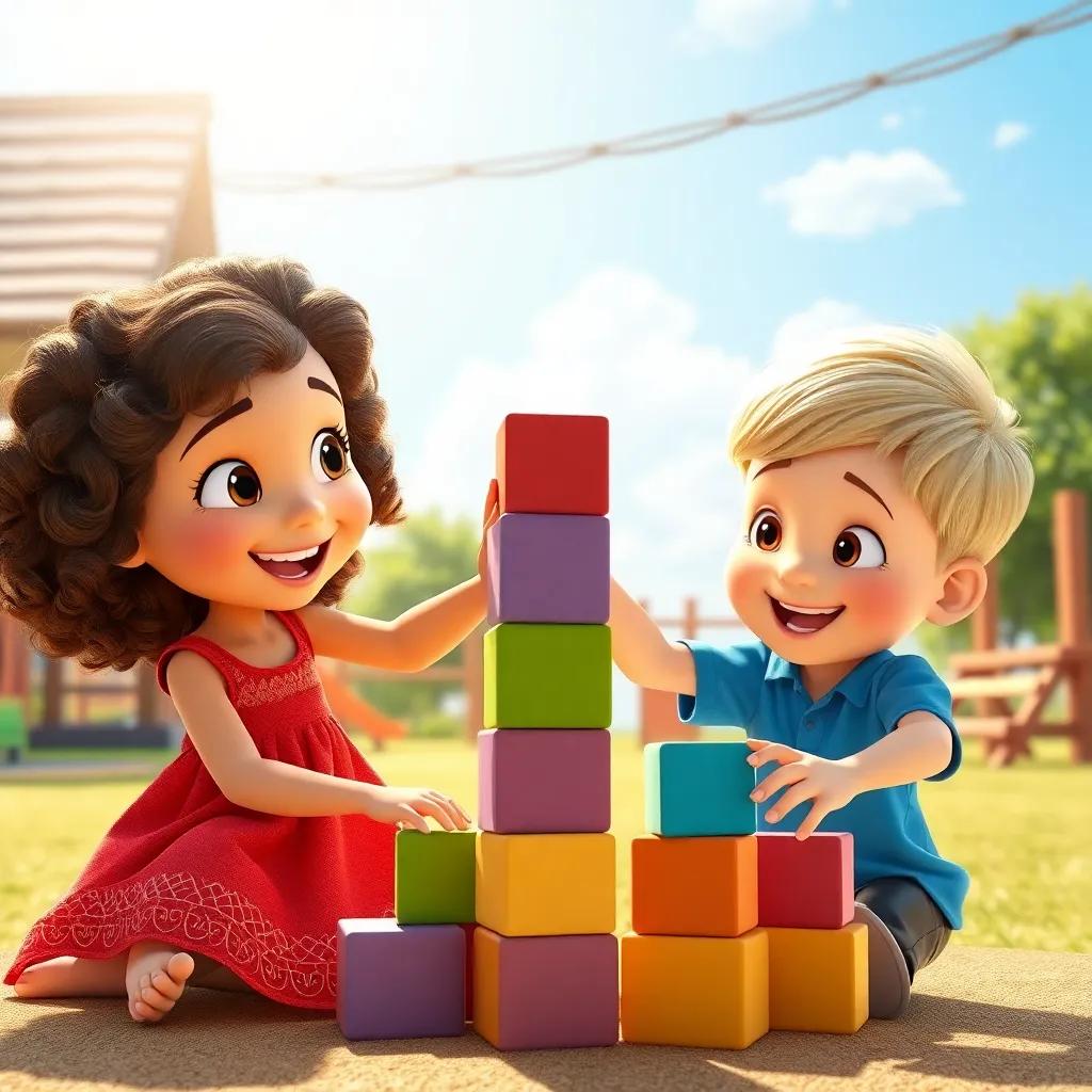 A sunny playground with Mia, a young girl with curly brown hair wearing a red dress, and Sam, a young boy with short blonde hair wearing a blue shirt, happily stacking colorful blocks, cheerful atmosphere, bright colors, digital art, inviting scene, high quality