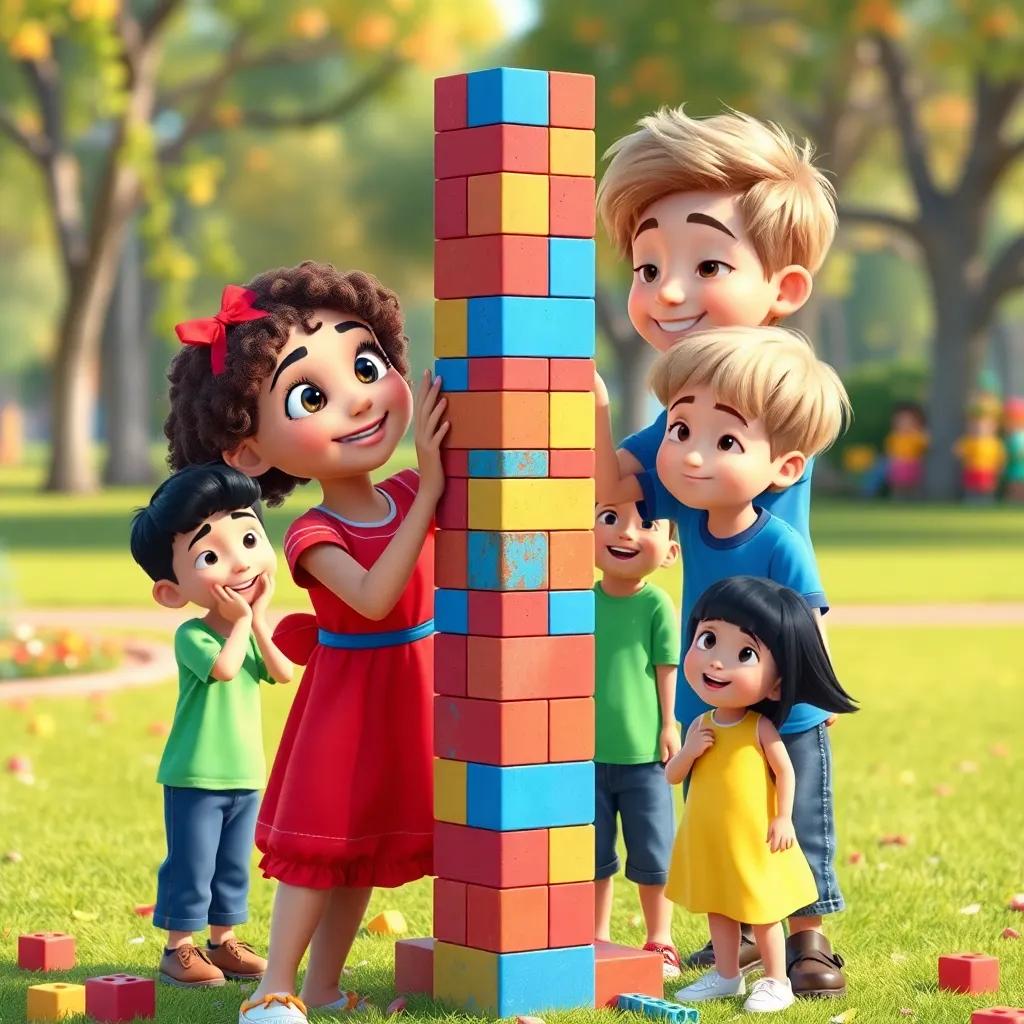 Mia, a young girl with curly brown hair in a red dress and Sam, a young boy with short blonde hair in a blue shirt, working together on a tall block tower, decorated with red and blue blocks, surrounded by their friends Jake, a young boy with dark hair in a green shirt and Lily, a young girl with straight black hair in a yellow dress, colorful park background, feeling of joy, vibrant colors, digital art, playful scene, high quality