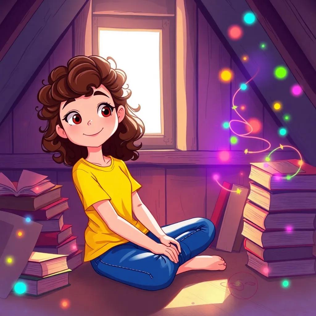 A young girl, Mia, with curly brown hair, wearing a bright yellow t-shirt and blue jeans, sitting by her attic window with sunlight pouring in, surrounded by dusty books and swirling colorful lights, illustration, whimsical, cheerful atmosphere, high quality