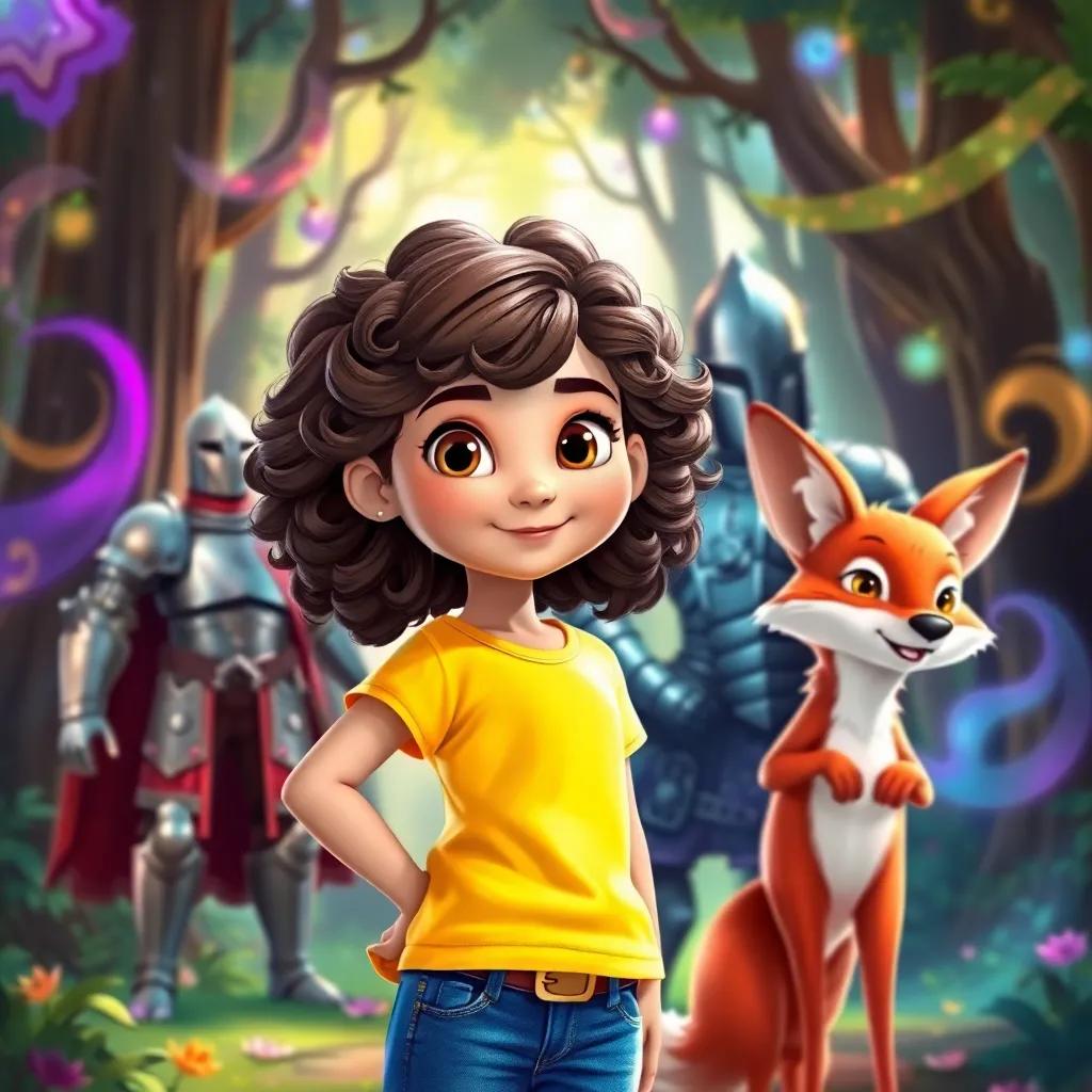 Mia, a young girl with curly brown hair, in a bright yellow t-shirt and blue jeans, standing with a brave knight in shiny armor and a clever fox, in a magical forest, vibrant colors swirling around them, illustration, adventurous, lively scene, high quality