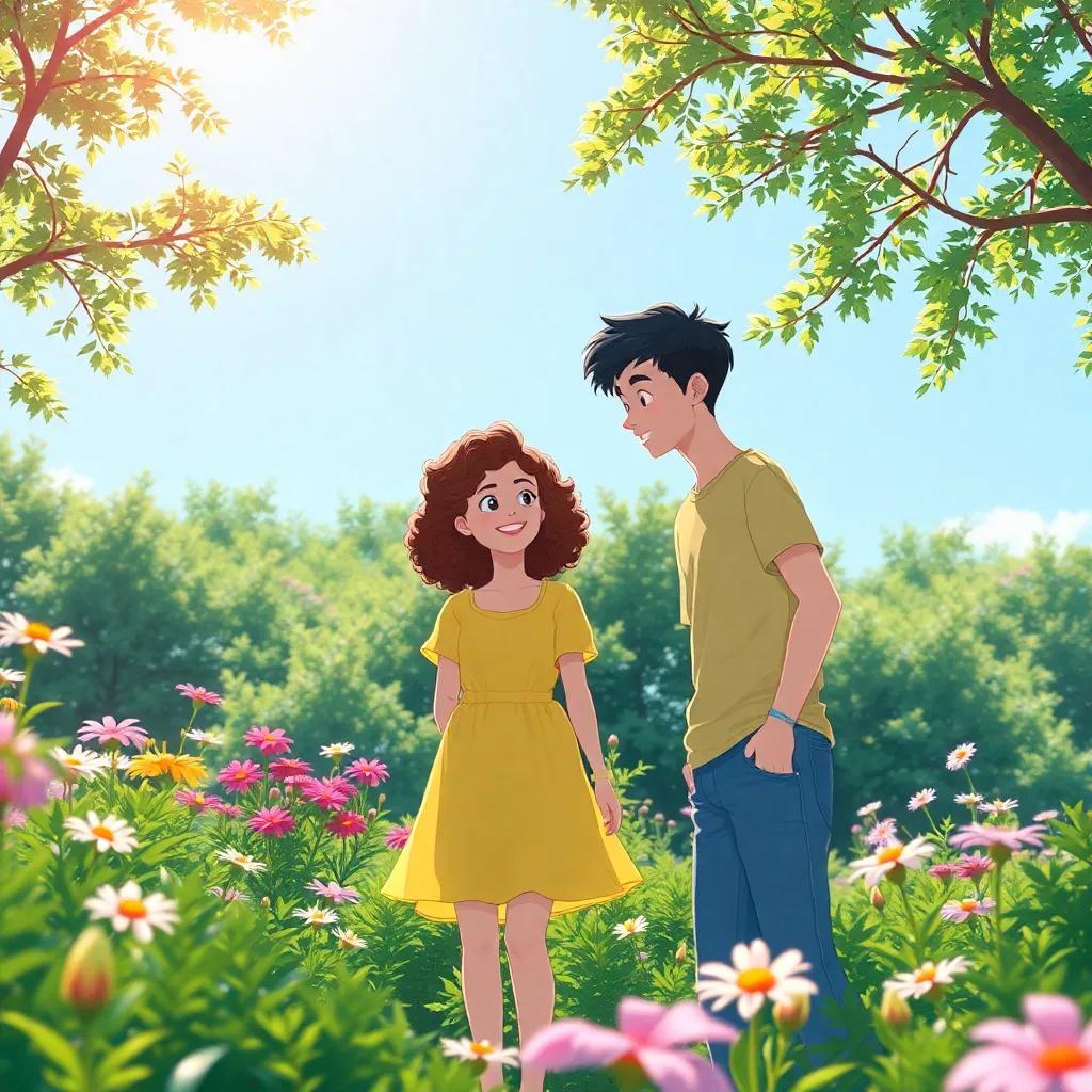 A sunny day in a lush green park where Mia, a young girl with curly brown hair, wearing a yellow dress, is chatting with Leo, a boy with short black hair in a t-shirt and jeans, surrounded by flowers, playful atmosphere, cheerful vibe, bright blue sky