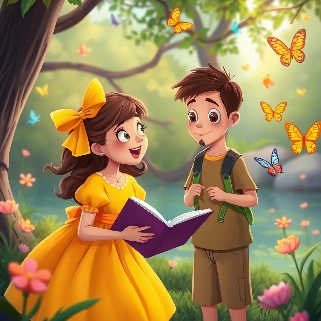 Mia, wearing a yellow dress, excitedly narrating about Freddy the talking frog to Leo in the park, with colorful butterflies fluttering around, enchanting atmosphere, illustration, friendly and engaging, child-friendly