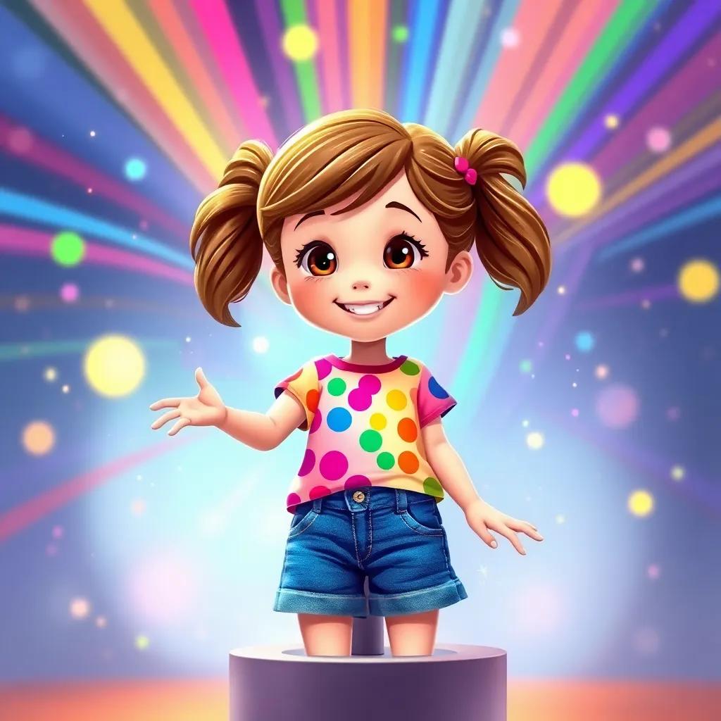 Molly, a young girl with brown hair in pigtails, wearing a colorful shirt and denim shorts, spinning the color wheel, and rainbow colors bursting into the air around her, creating a magical and lively scene, illustration, bright and vibrant, child-friendly