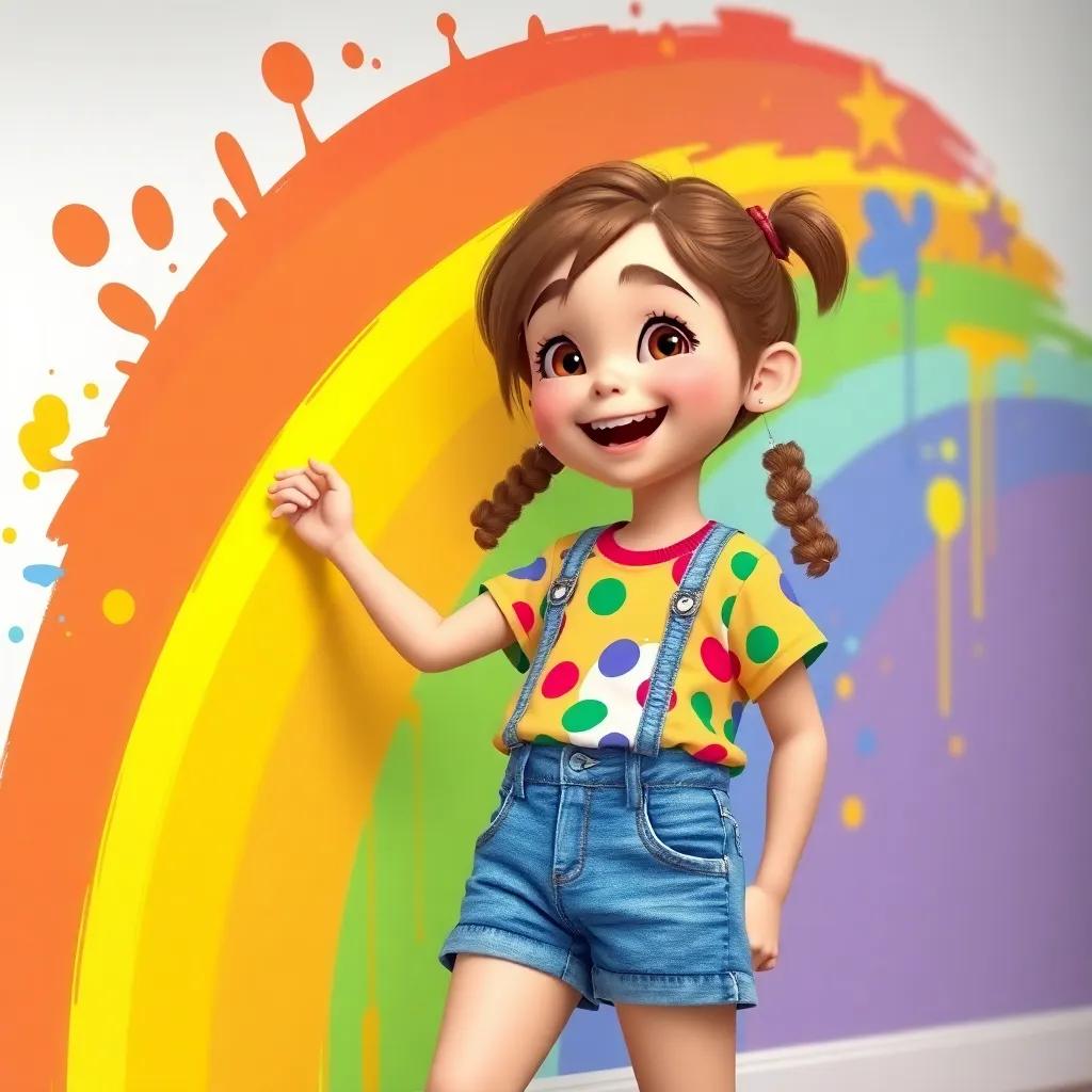 Molly, a young girl with brown hair in pigtails, wearing a colorful shirt and denim shorts, happily painting a big rainbow on her wall, surrounded by colorful splashes of paint, joyful and fun, bright colors, high quality