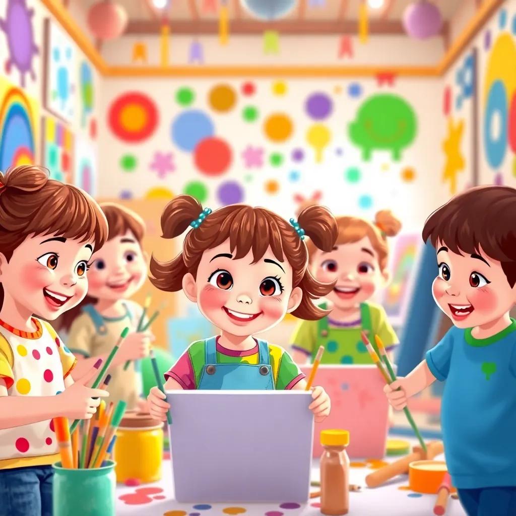 A group of children, including Molly, with brown hair in pigtails, wearing colorful clothes, joyfully painting together in a colorful room filled with their art, happiness spreading in the air, cheerful and vibrant atmosphere, illustration, child-friendly, bright colors