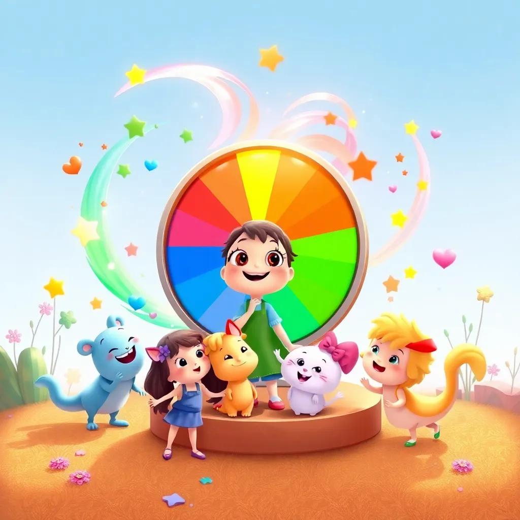 A magical scene where the colors from the color wheel swirl around Molly and her friends, blending together to form new colors, cheerful environment, playful and whimsical, illustration, bright and colorful, child-friendly