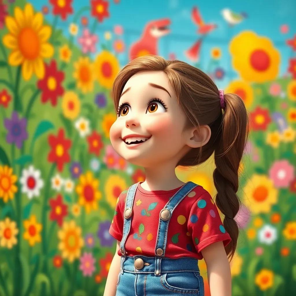 Molly, a young girl with brown hair in pigtails, wearing a colorful shirt and denim shorts, smiling widely as she looks at the colorful wall, with flowers and creatures painted everywhere, joyful and uplifting, bright colors, high quality