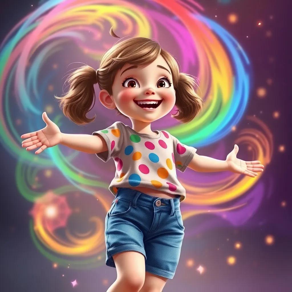 Molly, a young girl with brown hair in pigtails, wearing a colorful shirt and denim shorts, spinning joyfully with her arms outstretched, surrounded by colorful swirls and sparkles of magic, vibrant atmosphere, cheerful and fun, digital painting, high quality