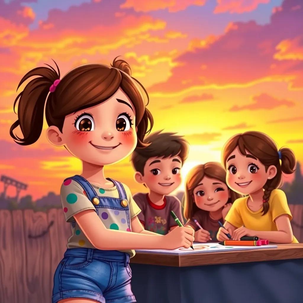 Molly, a young girl with brown hair in pigtails, wearing a colorful shirt and denim shorts, drawing with her friends under a colorful sunset sky, their smiles showing the joy of creativity and friendship, beautiful and harmonious scene, illustration, vibrant colors, child-friendly