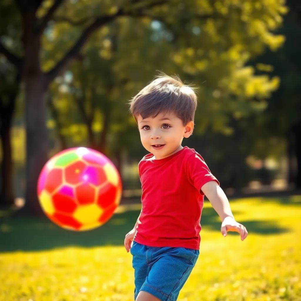 A young boy named Sam, with short brown hair and wearing a bright red t-shirt and blue shorts, playing in a sunny park with his eyes wide in excitement at a colorful, glowing soccer ball that is bouncing nearby, digital art, cheerful atmosphere, warm sunlight, lively colors, action shot, high quality