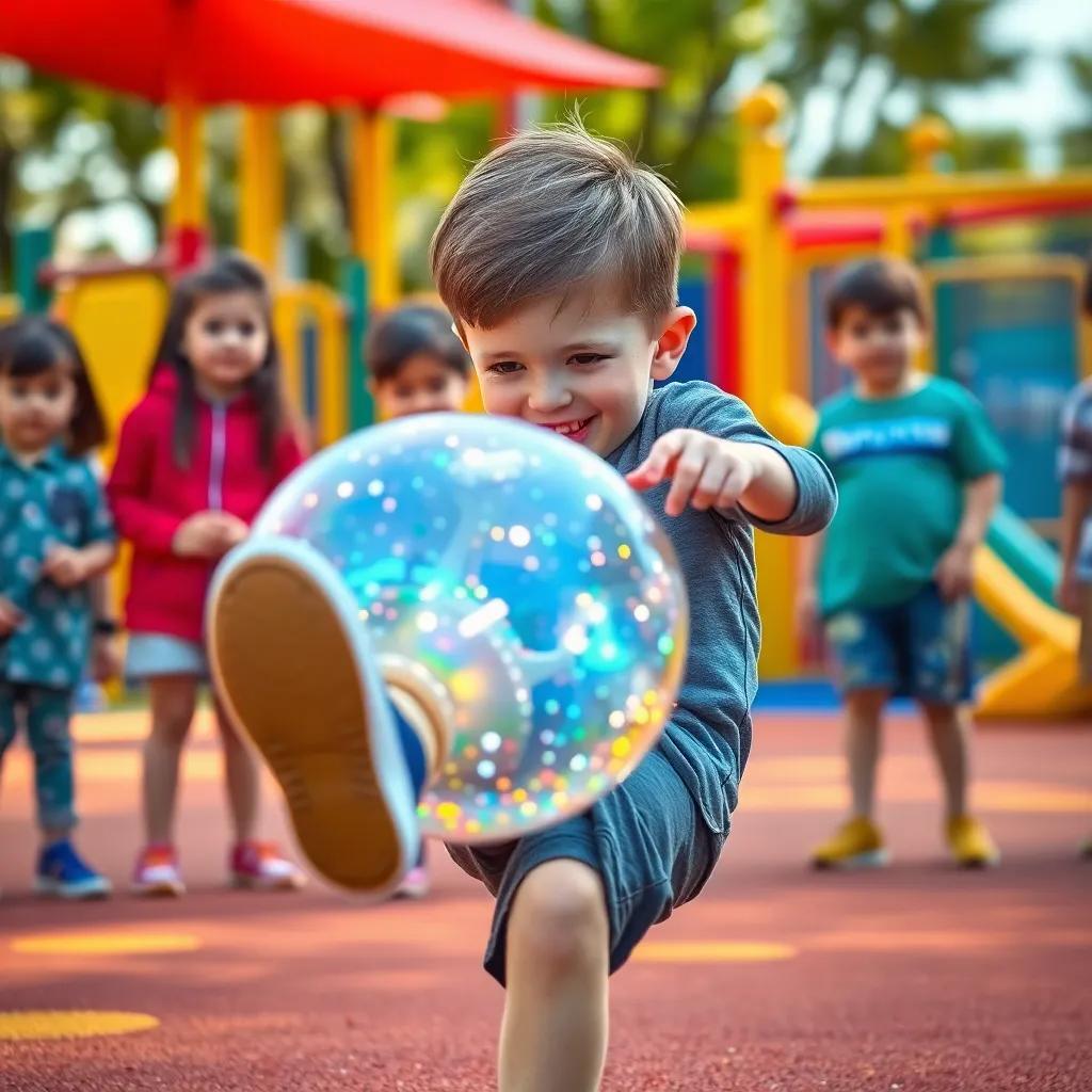 Sam, a young boy with short brown hair, joyfully kicking the Innovative Ball, which sparkles and glows, surrounded by other kids watching in awe, demonstrating tricks, vibrant playground background, dynamic movement, engaging and lively, high quality