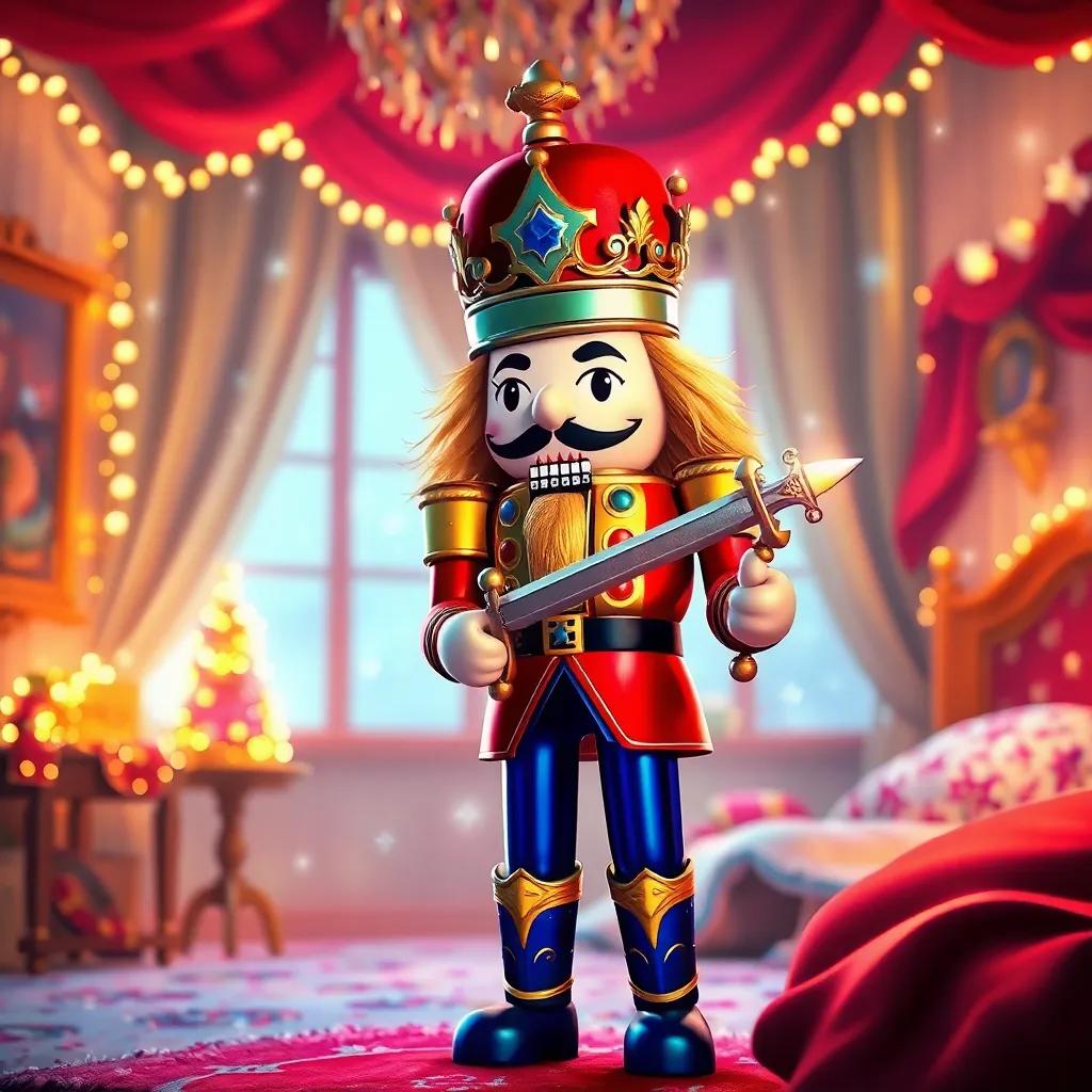 A Nutcracker turning into a prince, strong and brave, with a shiny sword, in a bedroom filled with magical twinkling lights and snowflakes, vibrant colors, enchanting, high quality, bright and colorful