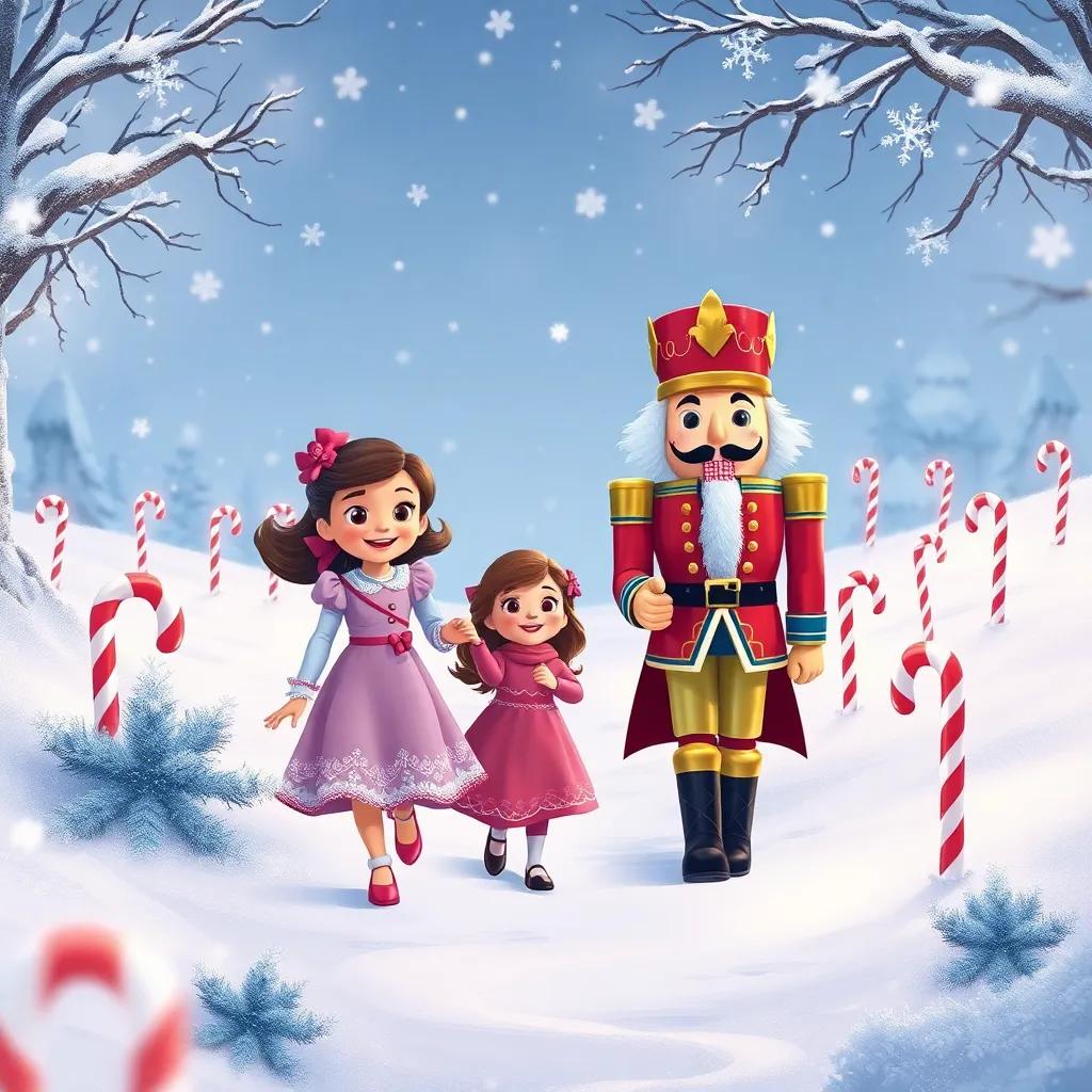 Clara and the Nutcracker walking through a winter wonderland with candy canes and dancing snowflakes, snowy landscape, joyful atmosphere, soft colors, dreamy, detailed illustration