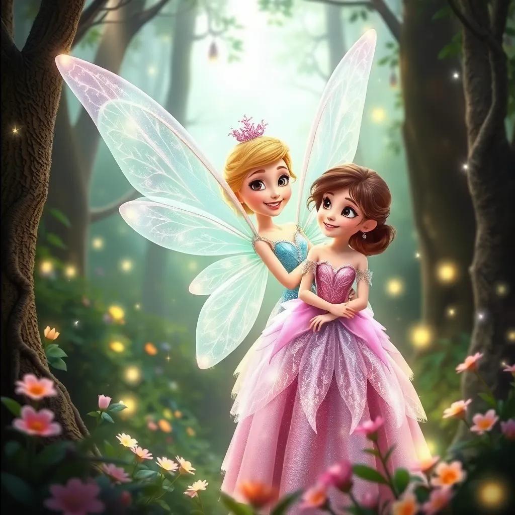 A Sugar Plum Fairy, with pastel colored wings and a shimmering gown, smiling at Clara in a magical forest, surrounded by sparkling lights and flowers, magical atmosphere, cheerful, child-friendly