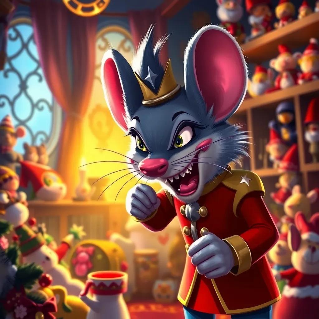 A fierce mouse trying to take the Nutcracker away, with an evil look, in a room filled with toys, dramatic light, suspenseful, colorful, action-packed illustration
