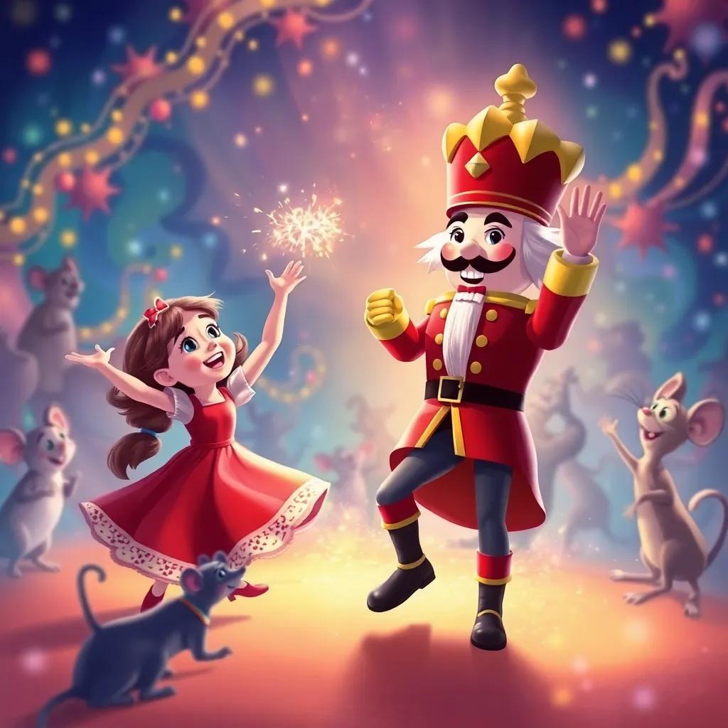 Clara cheering for the Nutcracker as they dance in a swirling battle against the mouse, full of energy and motion, vibrant colors, joyful, dynamic composition, engaging illustration