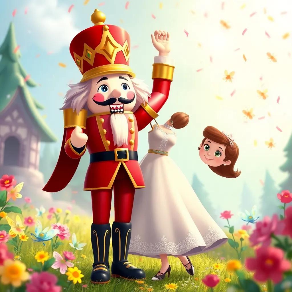 The Nutcracker victorious with Clara by his side, in a vibrant magical land with fairies celebrating around them, confetti in the air, cheerful, bright colors, joyful illustration