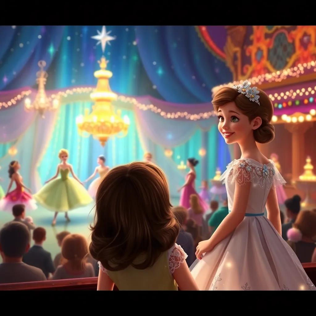 Clara watching a magical ballet with dancers in beautiful costumes, filled with colorful lights and smiles, enchanting atmosphere, uplifting, artistic, dreamy quality