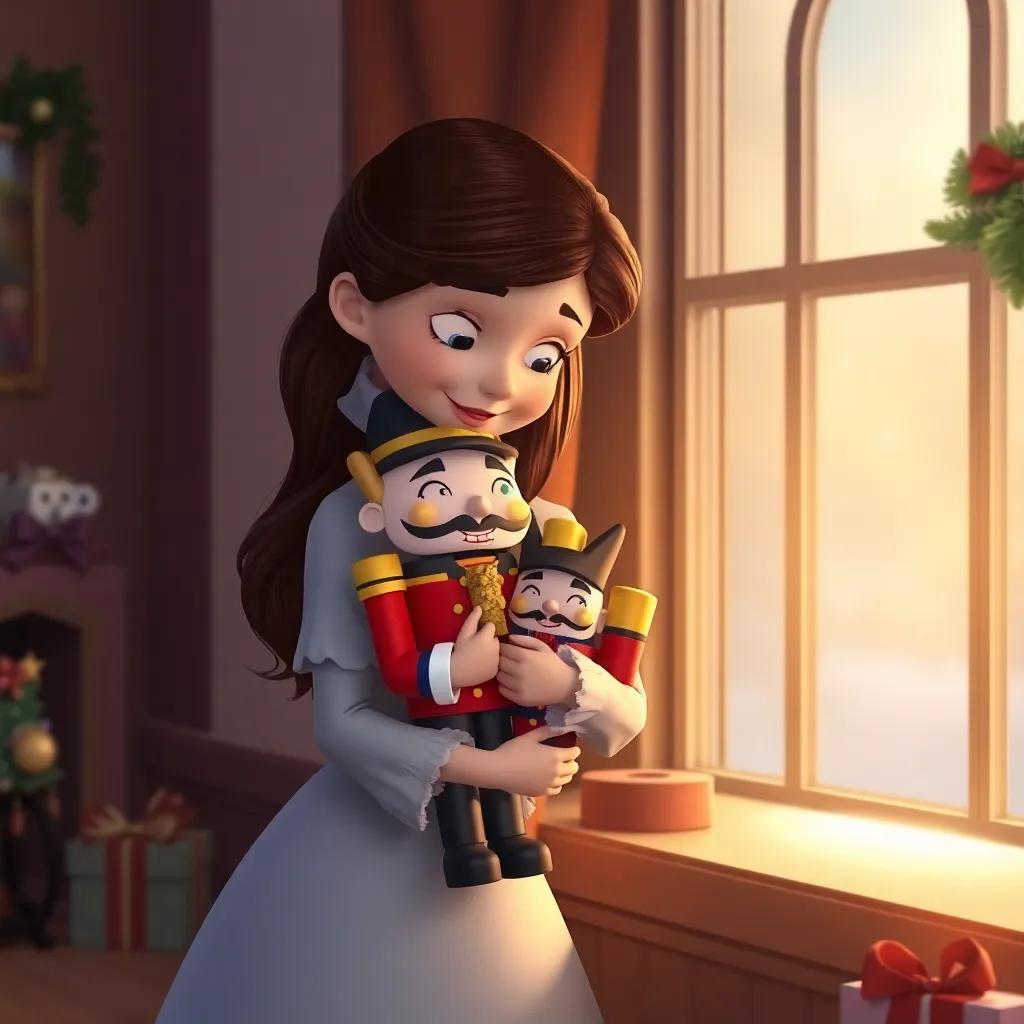 Clara hugging the Nutcracker with a soft morning light coming through the window, with Christmas decorations around, heartwarming scene, warm colors, nostalgic feeling