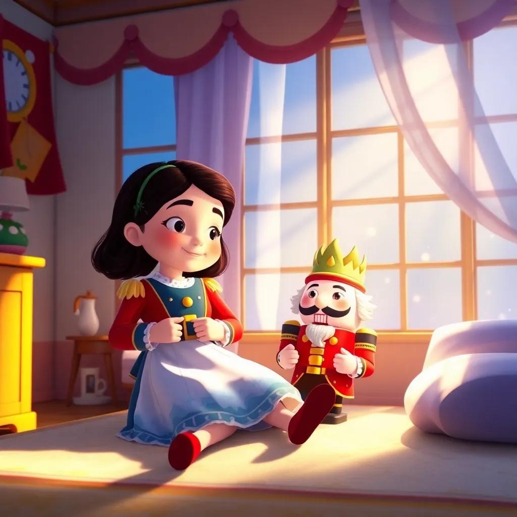 A bright sunny room with Clara waking up, the Nutcracker beside her, both filled with magic, soft light, child-friendly, colorful, inviting atmosphere
