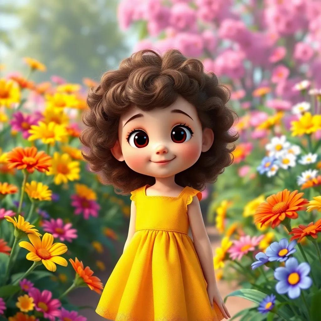 A little girl, Lucy, with curly brown hair wearing a bright yellow dress, standing in a blooming flower garden with colorful flowers, digital art, vibrant colors, cheerful atmosphere, inviting scene