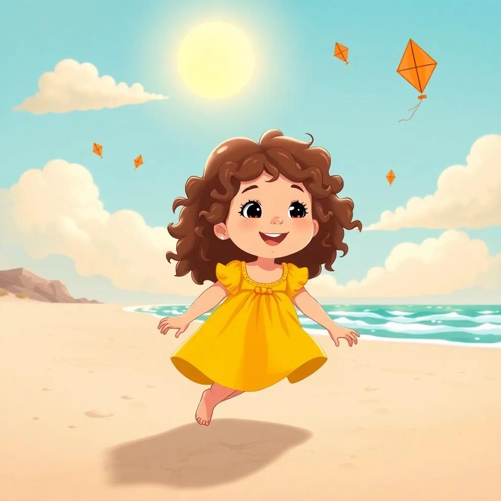 A little girl, Lucy, with curly brown hair wearing a bright yellow dress, playing at the beach under the sun with kites flying in the sky, cheerful illustration, warm colors, joyful vibe, high quality