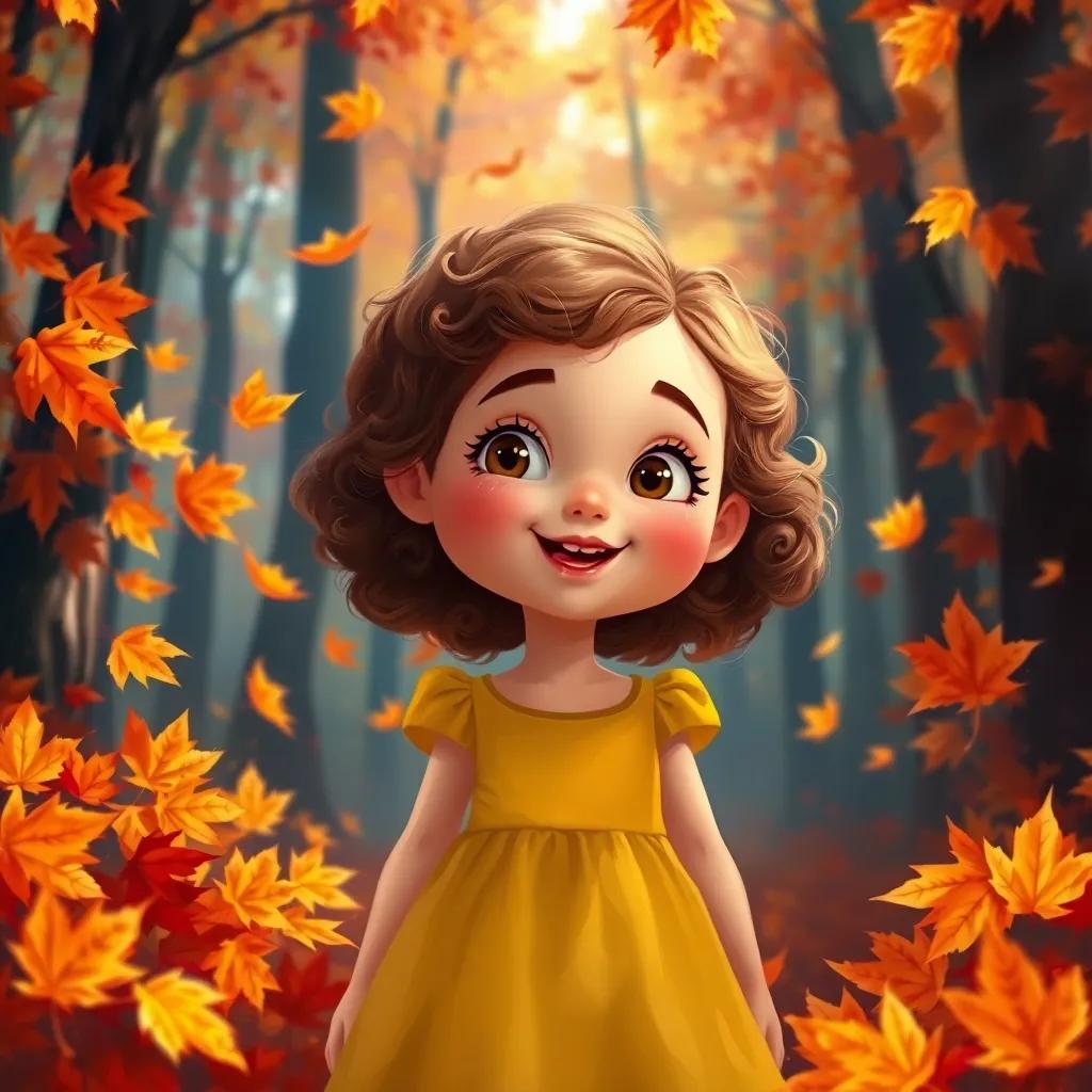 A little girl, Lucy, with curly brown hair wearing a bright yellow dress, surrounded by colorful autumn leaves falling around her in a forest, digital painting, warm tones of red and orange, whimsical scene, high quality
