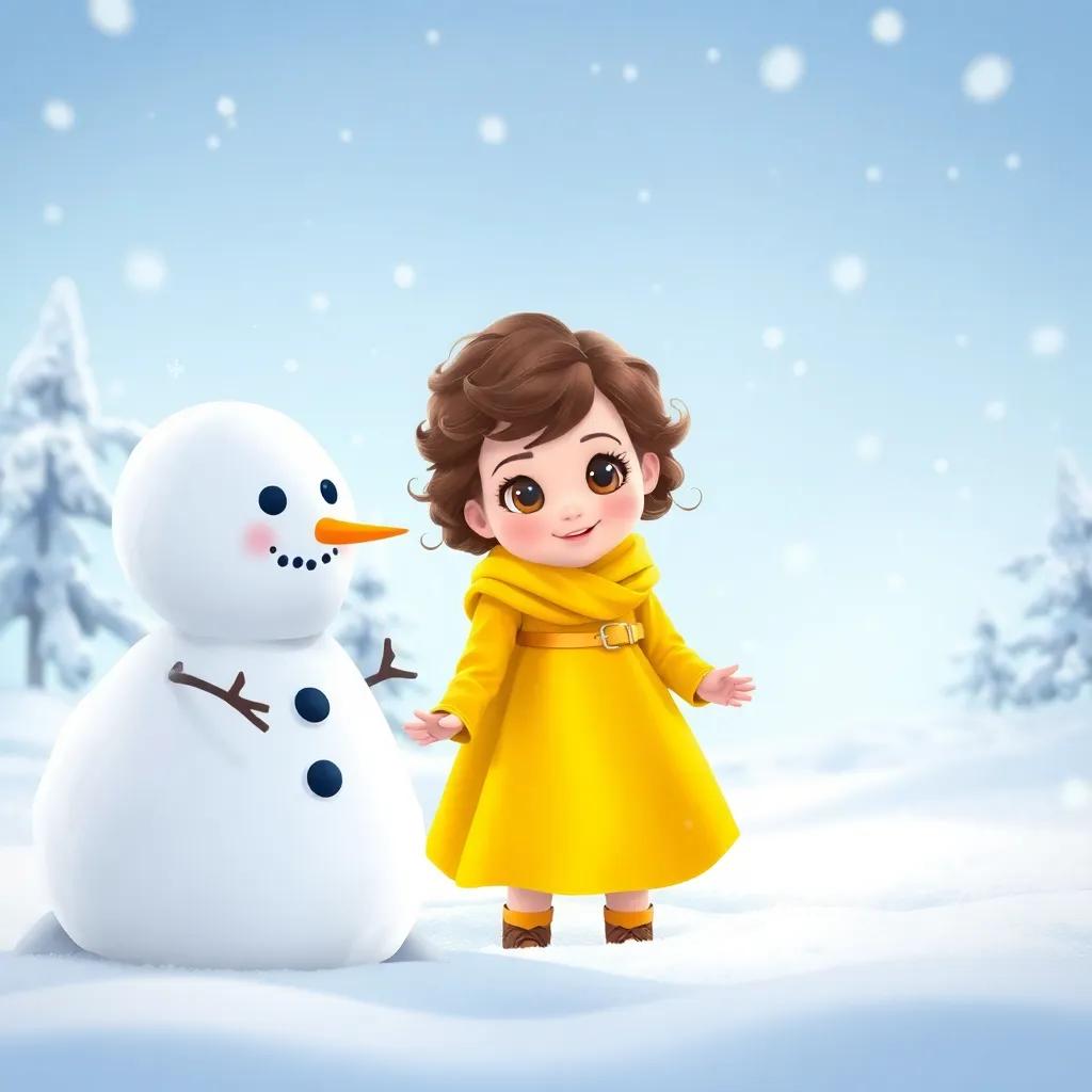 A little girl, Lucy, with curly brown hair wearing a bright yellow dress, building a snowman in a snowy landscape with snowflakes falling, magical winter scene, soft colors, joyful atmosphere, high quality