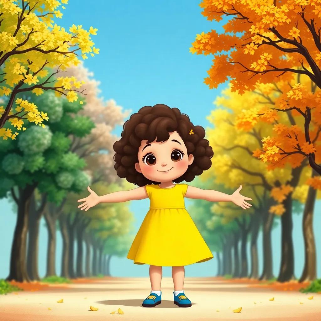 A little girl, Lucy, with curly brown hair wearing a bright yellow dress, standing with her arms open wide, surrounded by trees in every season, bright colors, nature-themed illustration, warm and inviting atmosphere, high quality