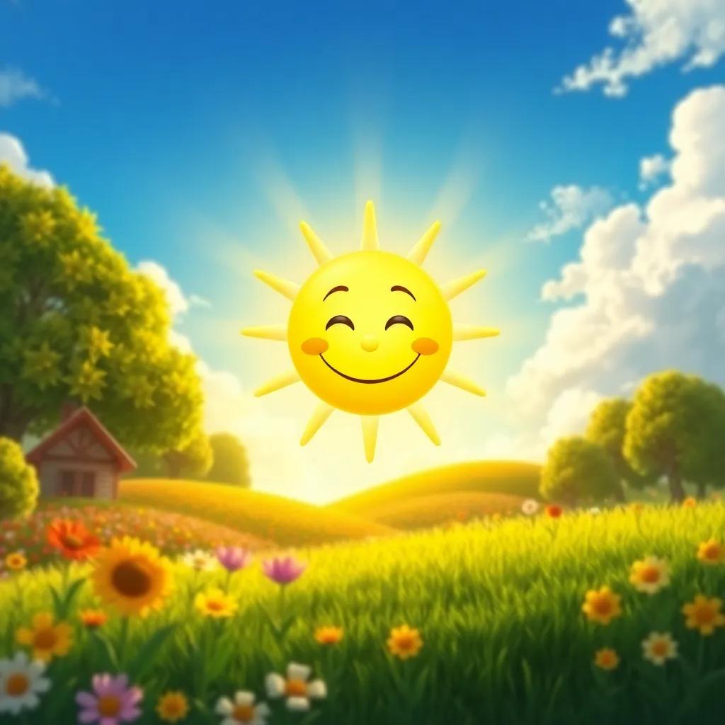 A bright and friendly sun with a smiling face, shining over a green landscape with flowers and happy people, cheerful and colorful, warm sunlight, joyful atmosphere, high quality