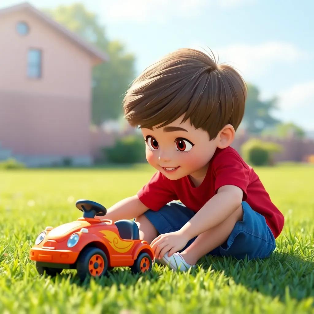 A young boy, Adam, with short brown hair, wearing a red t-shirt and blue shorts, playing with a small toy car on the grass, bright sunny day, vibrant colors, playful mood, high quality